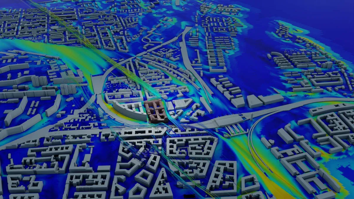 Aerial view of CFD simulation results for the full urban area